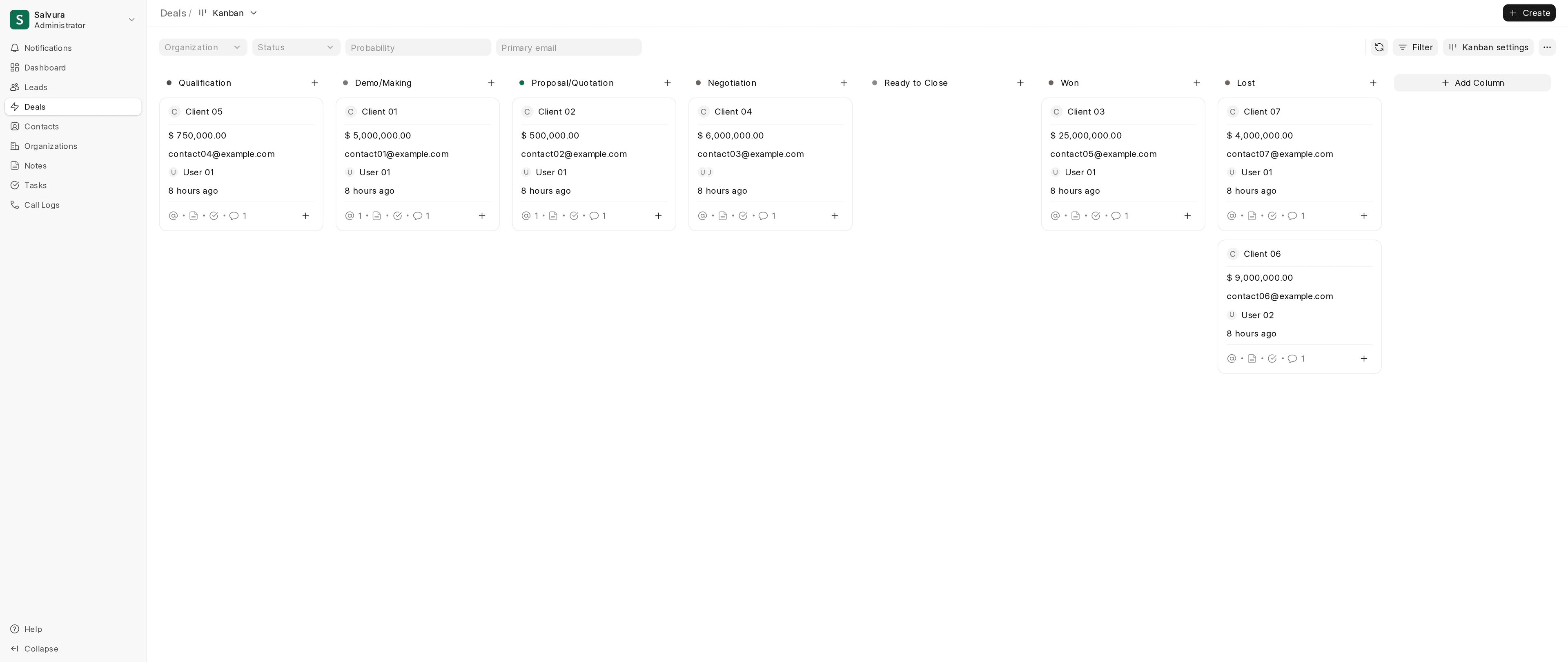 Salvura CRM Deals Pipeline Kanban preview displaying deal stages, values, and sales metrics